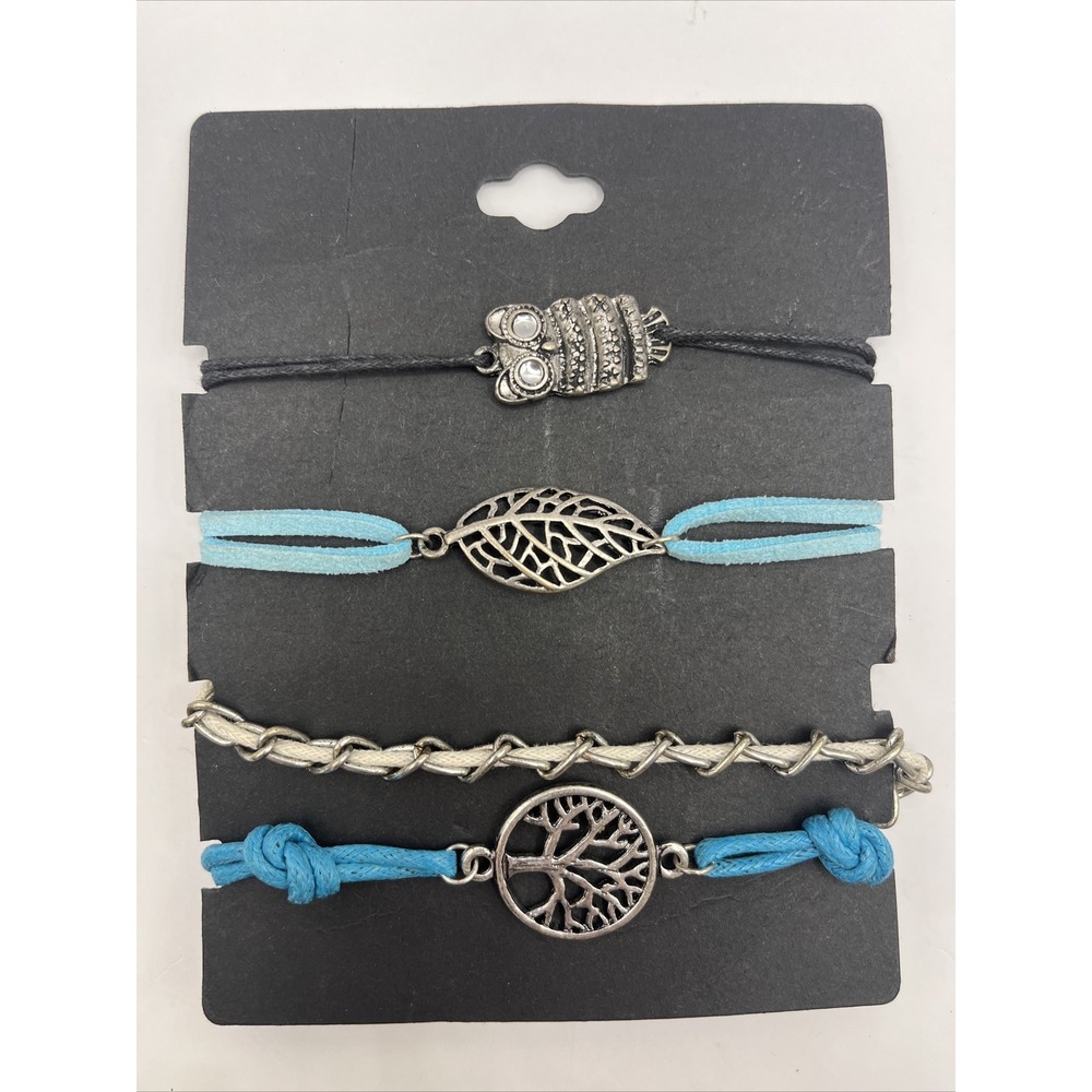 Women's 4 Pack of Bracelets- Owl, Tree, Leaf Blue, Silver, White